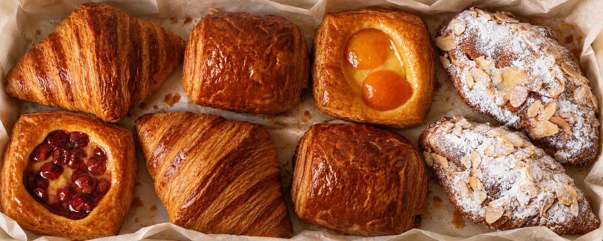 LE BON CHOIX croissants, pain au chocolat, fruit danishes and almond croissants arranged in a pastry box